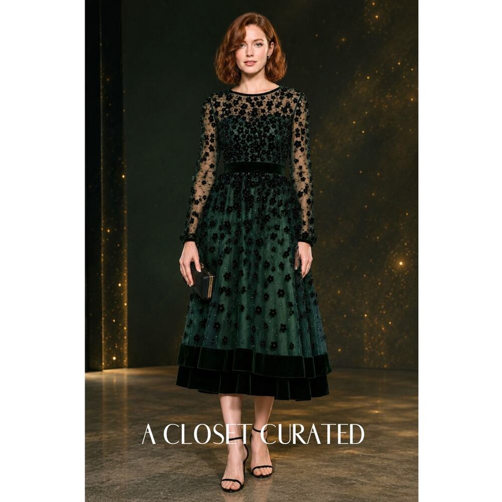 Mac Duggal Embellished Long Sleeve Velvet Trim Midi Dress 4 Green NWT 67854